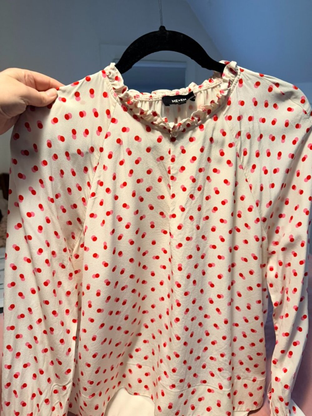 Me + Em silk blouse, pink red dots